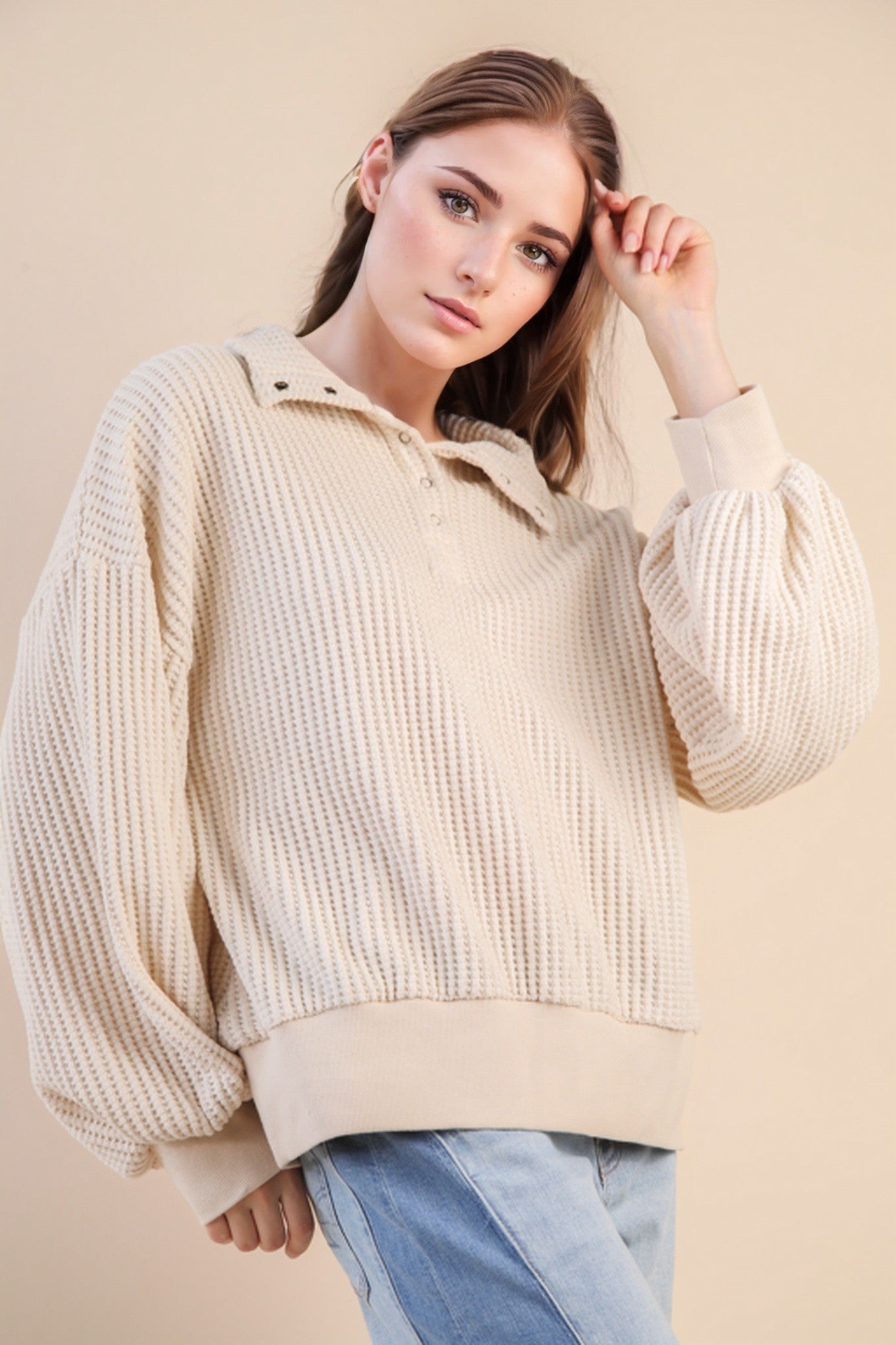 Oversized Half Button Down Waffle Knit Top - Cream
