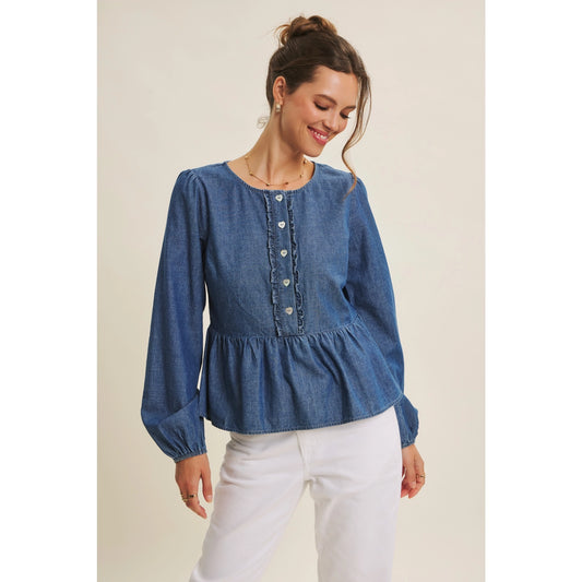 Romantic Twist Heart Buttons Denim Babydoll Top