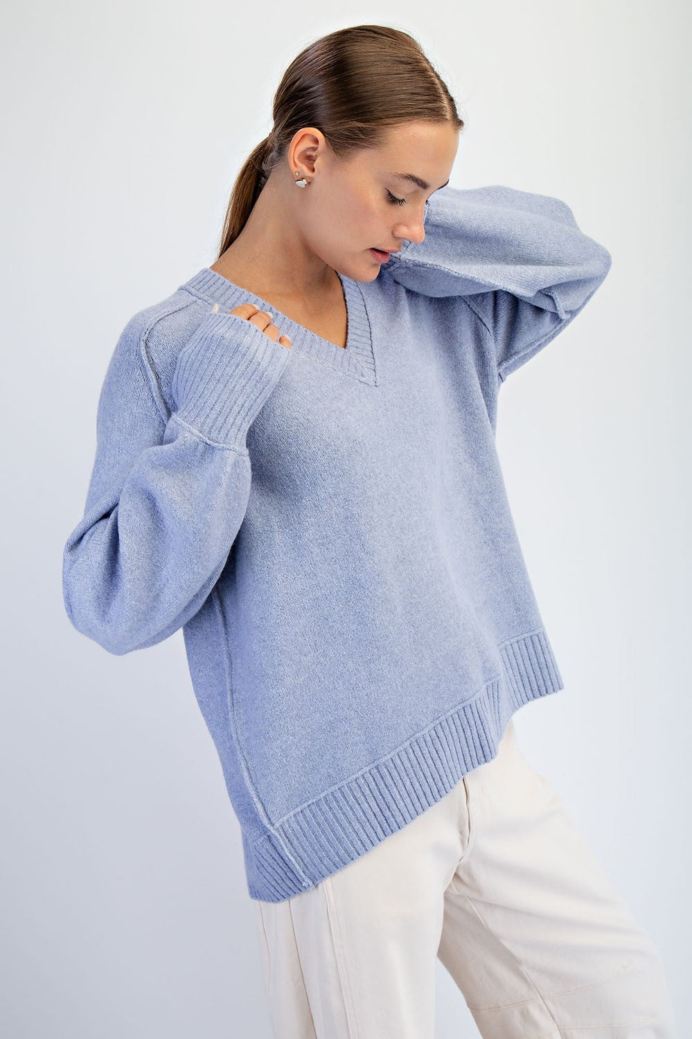 Oversized V-Neck Sweater - Baby Blue