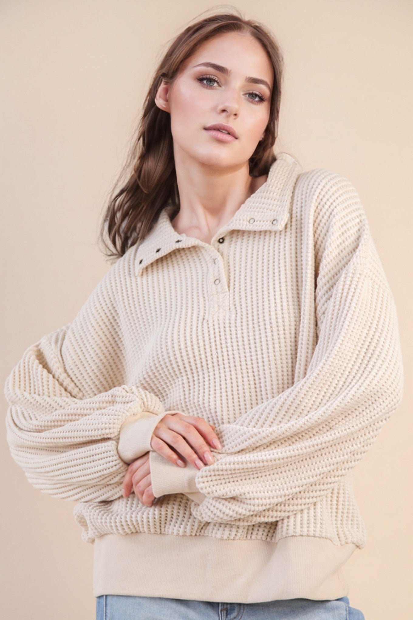 Oversized Half Button Down Waffle Knit Top - Cream