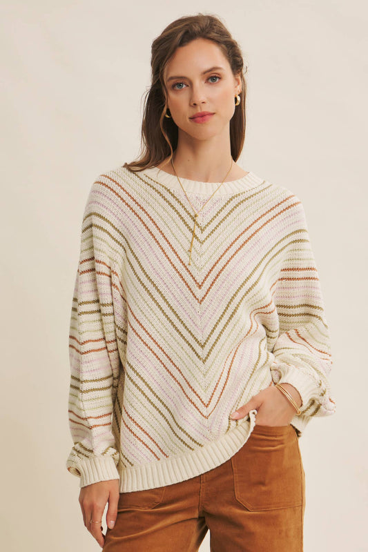 Vintage Diagonal Multi Stripe Jacquard Sweater - Beige