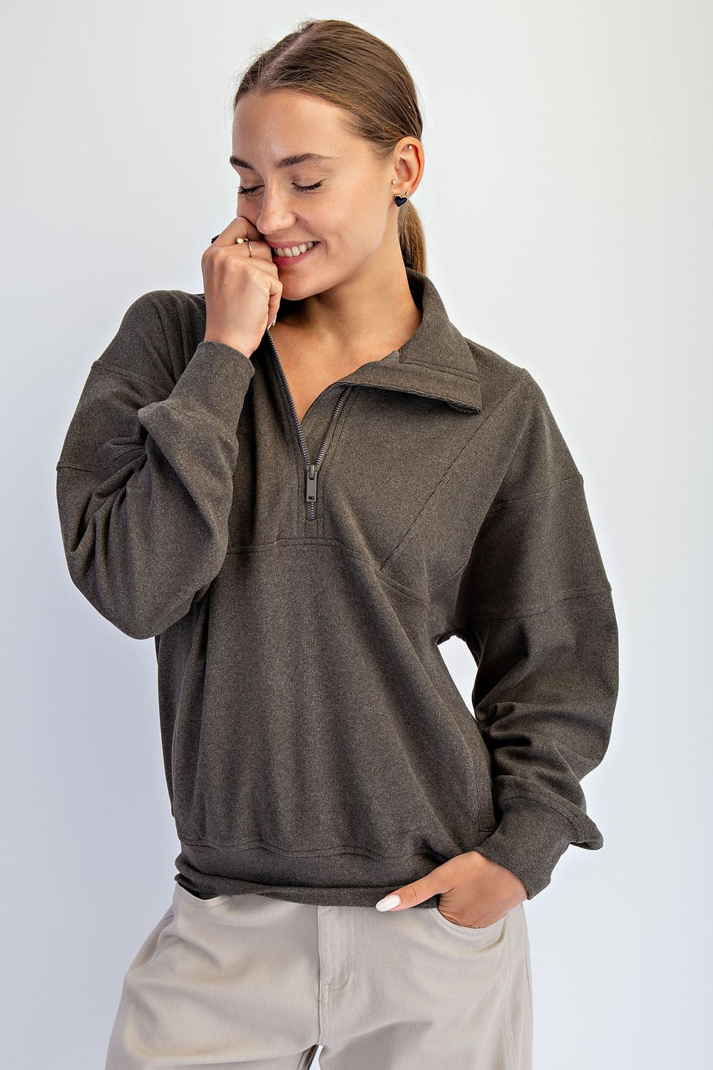 Brushed Rib Quarter Zip Pullover - Olive