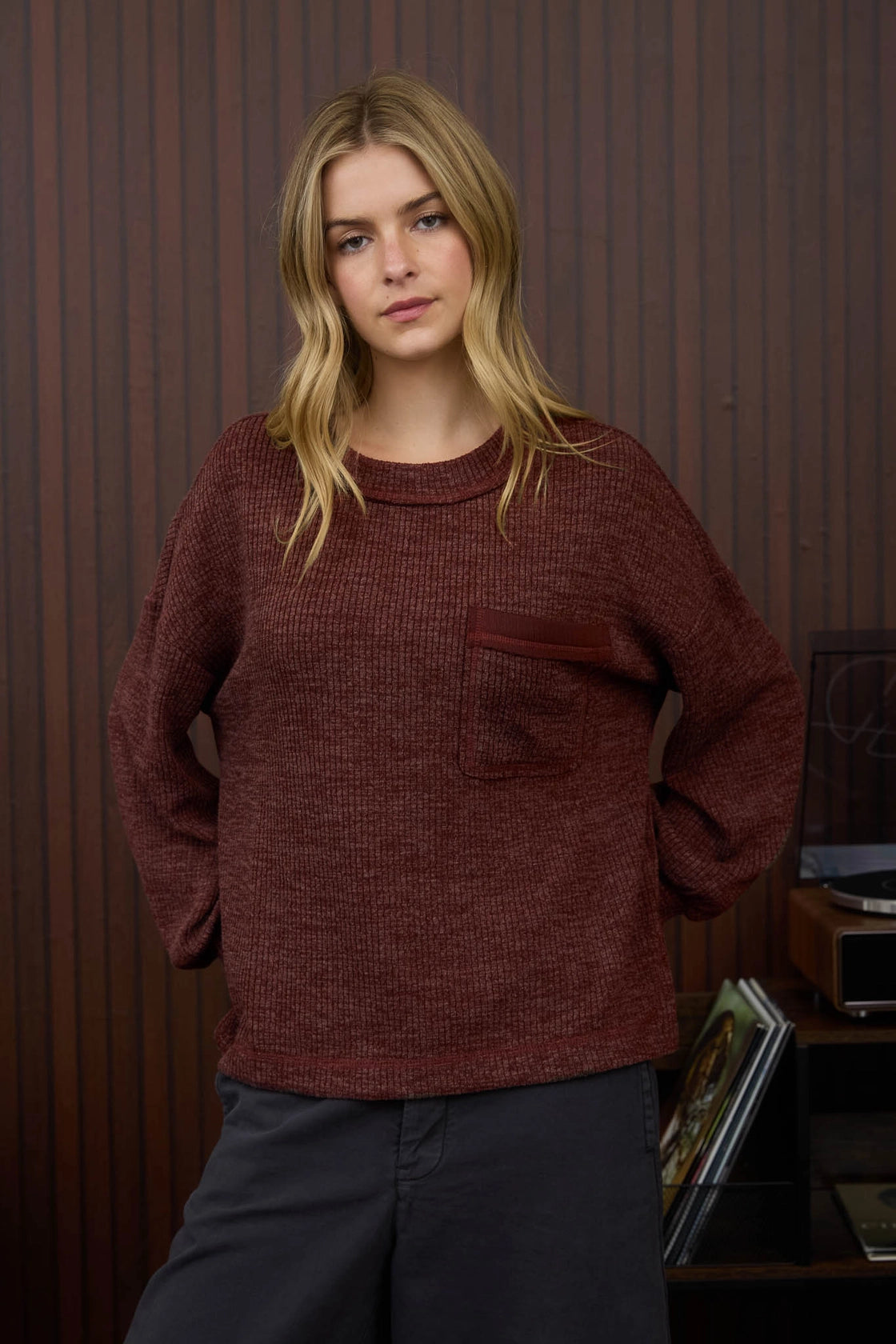 Slouchy Chest Pocket Knit Long Sleeve - Burgundy