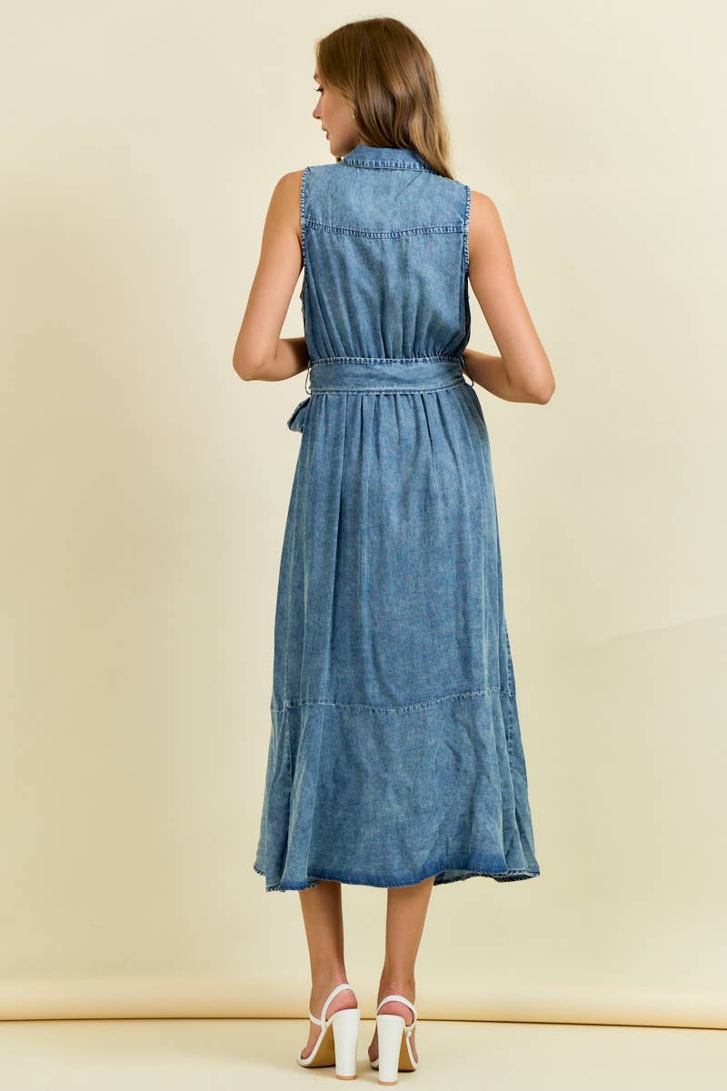Midi Denim Dres with Tie Belt
