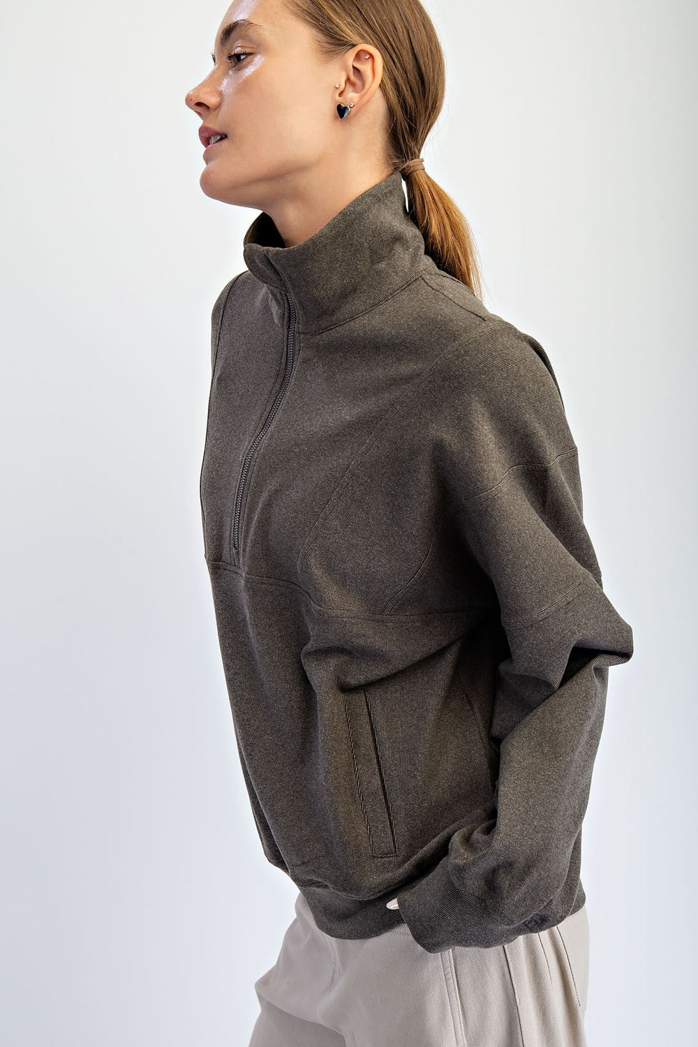 Brushed Rib Quarter Zip Pullover - Olive