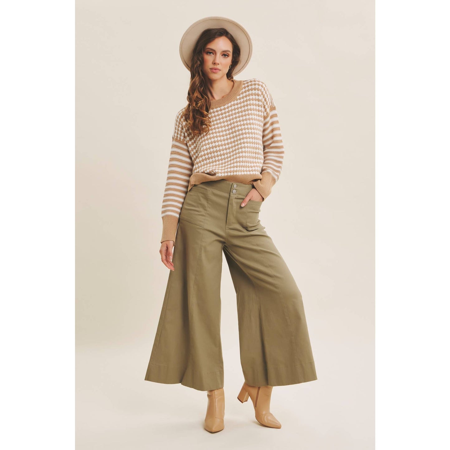 Relaxed Fit Textured Mix Stripe Sweater - Camel