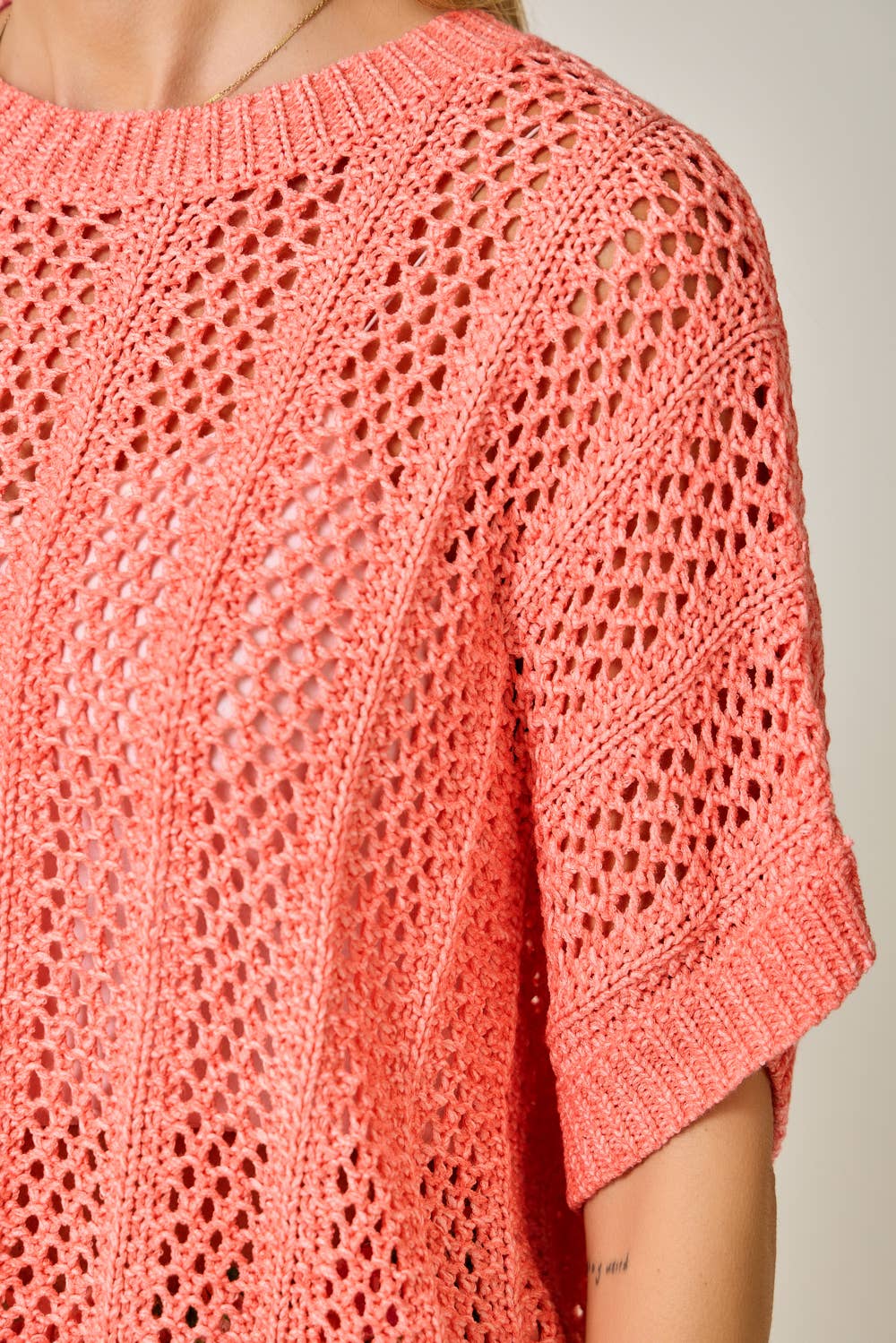 Crochet Short Sleeve Sweater - Coral