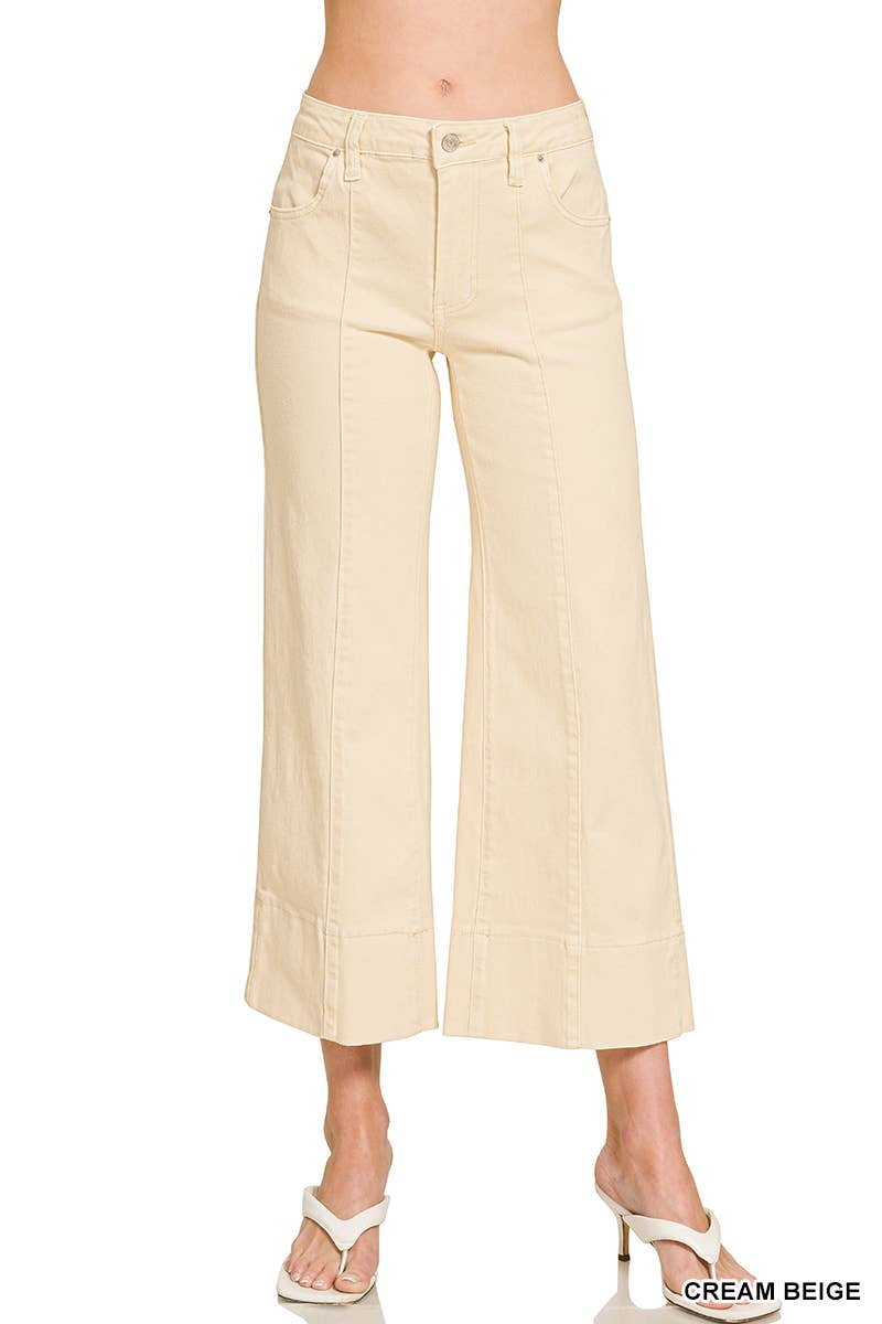 Zenana Wide Leg MR Cropped Jeans - Cream