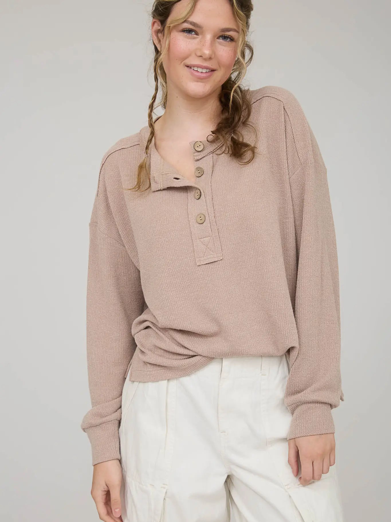Ribbed Henley Long Sleeve - Khaki