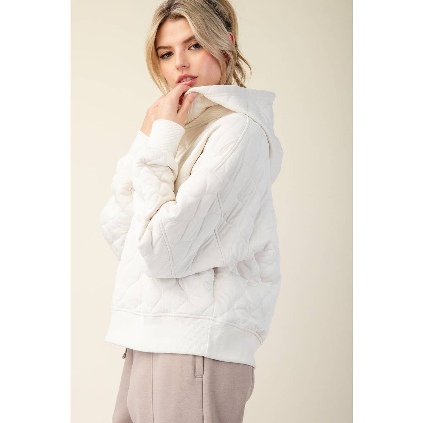Quilted Quarter Zip Hoodie - Bone