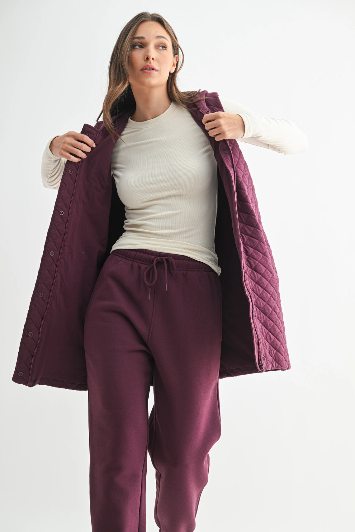 Longline Quilted Cotton Blend Vest - Plum
