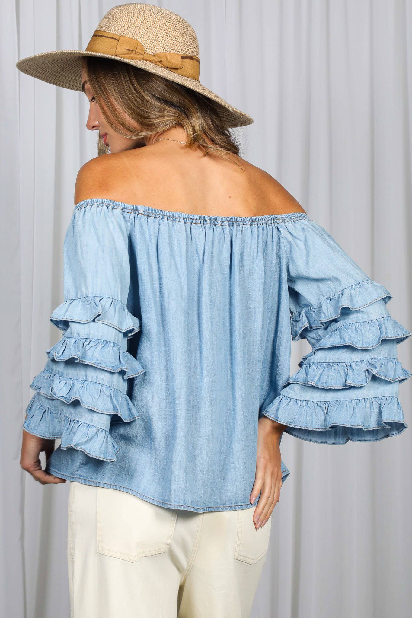 Off The Shoulder 4Tiers Ruffle Sleeve Chambray Top