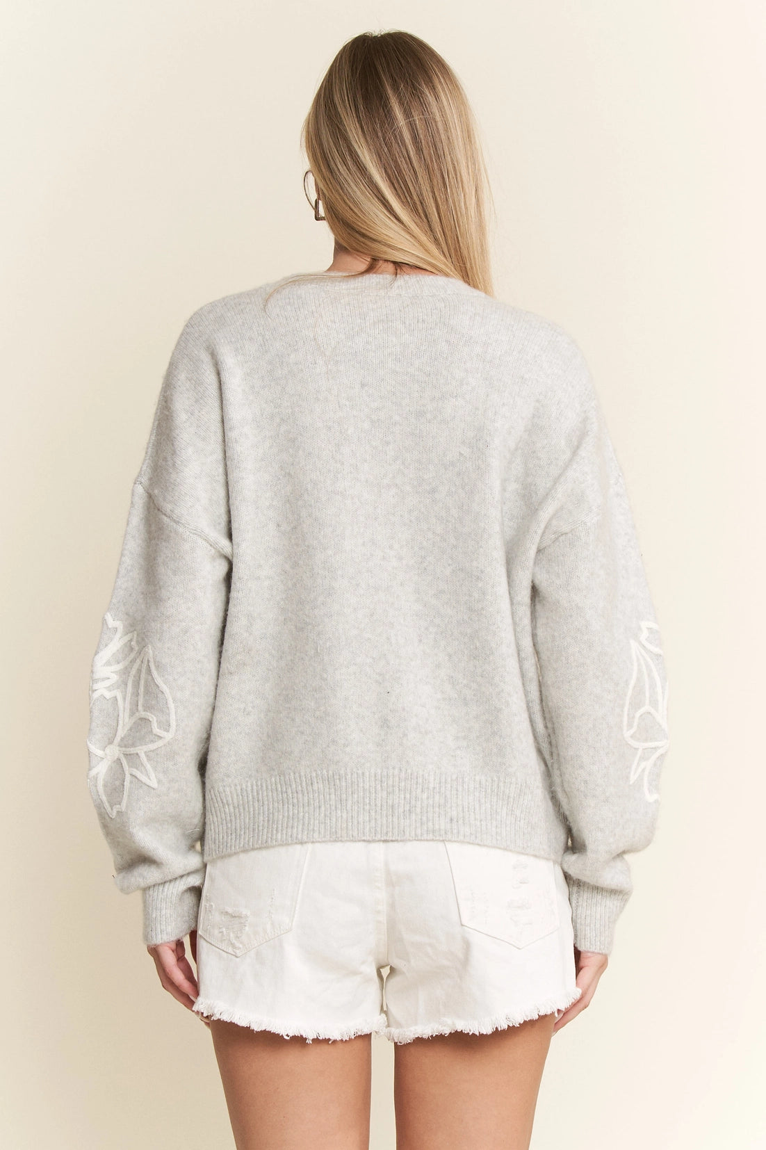 Floral Embroidered Knit Sweater - Grey