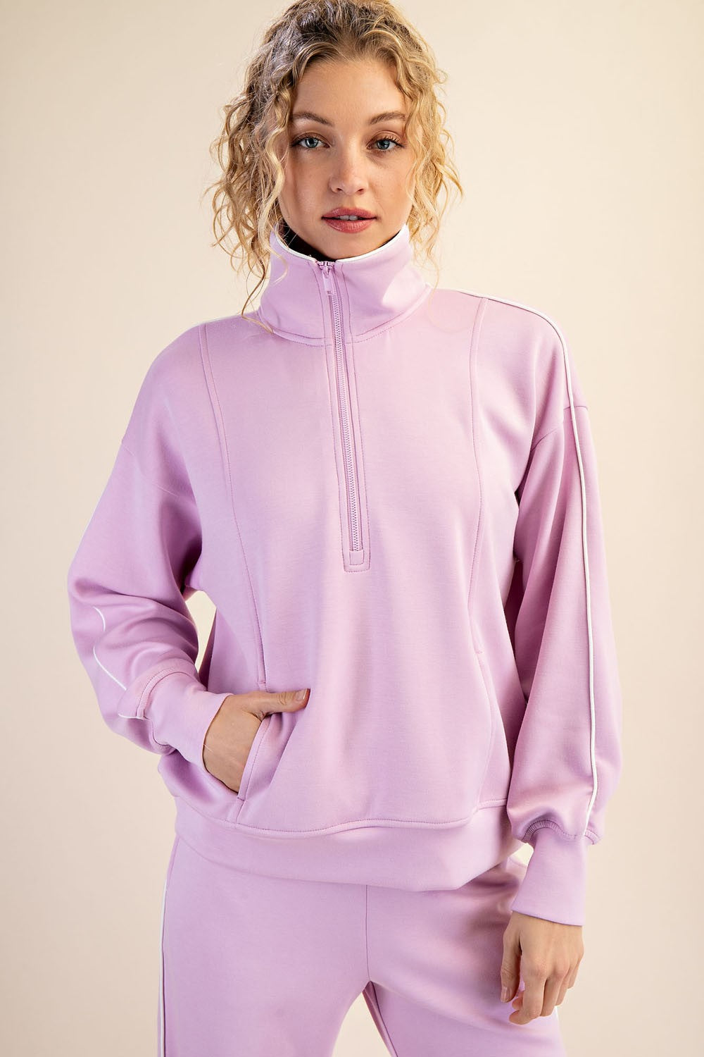 Modal Scuba Piping Quarter Zip Pullover - Blossom/Cream