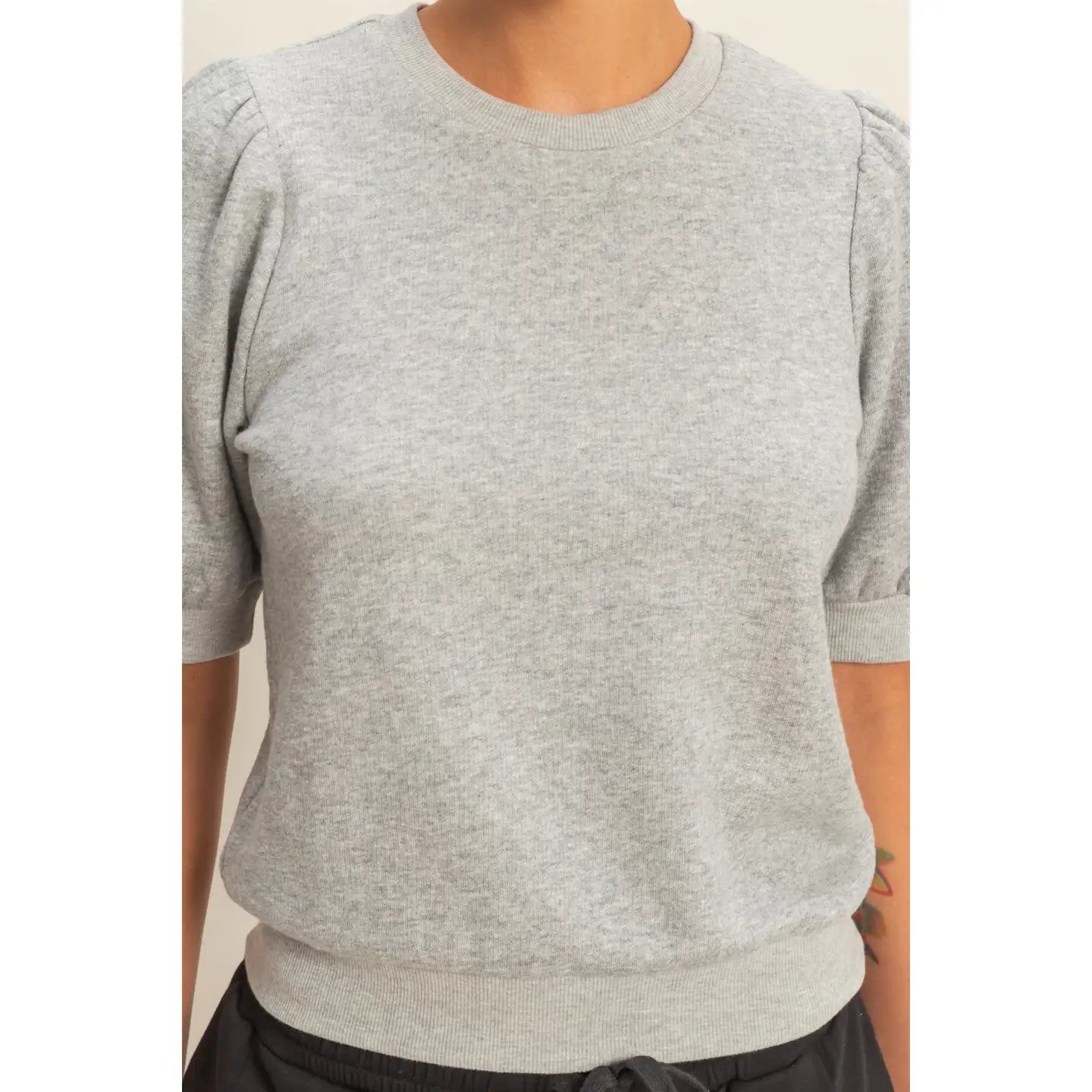 Puff Short Sleeve Crew Neck Top - Heather Grey