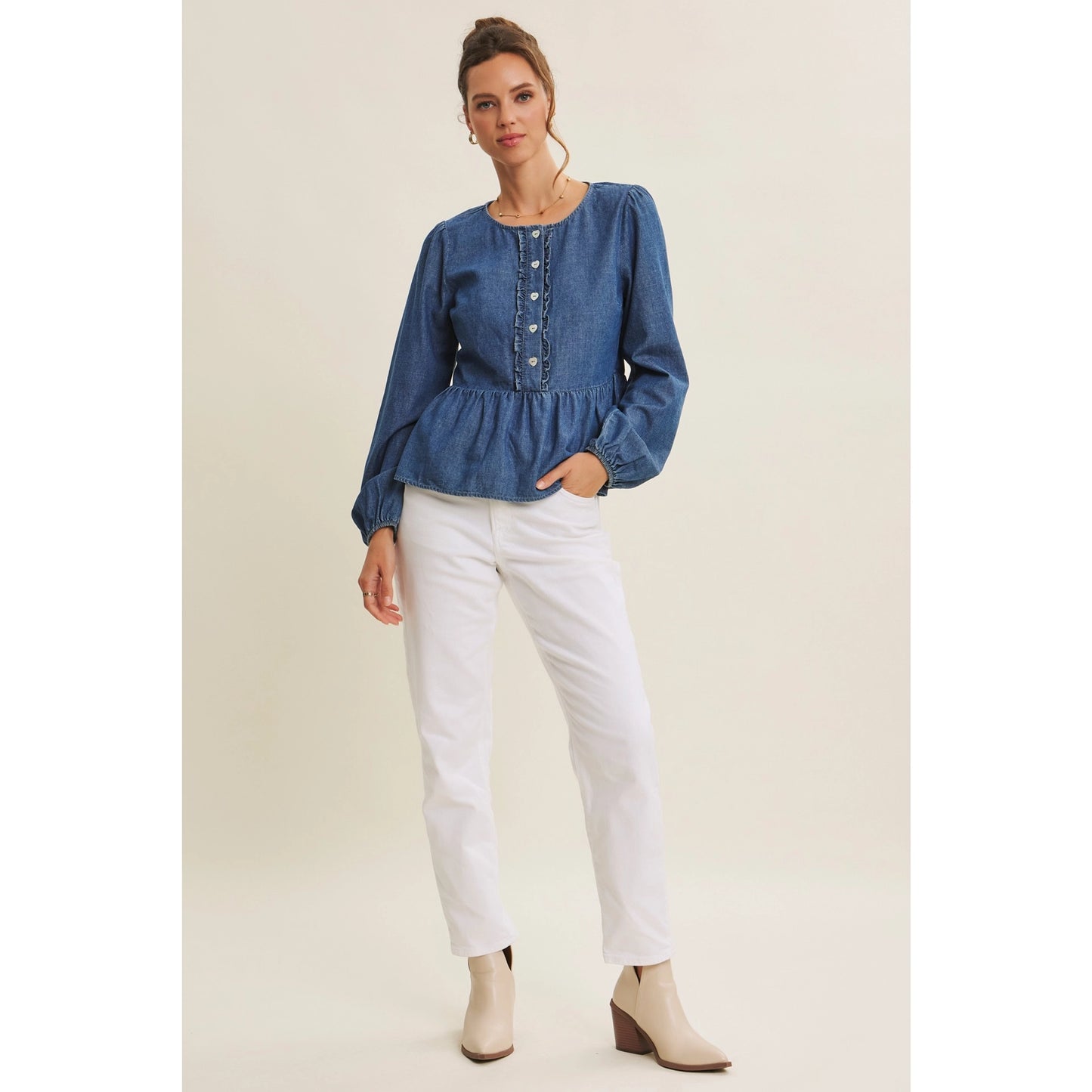 Romantic Twist Heart Buttons Denim Babydoll Top