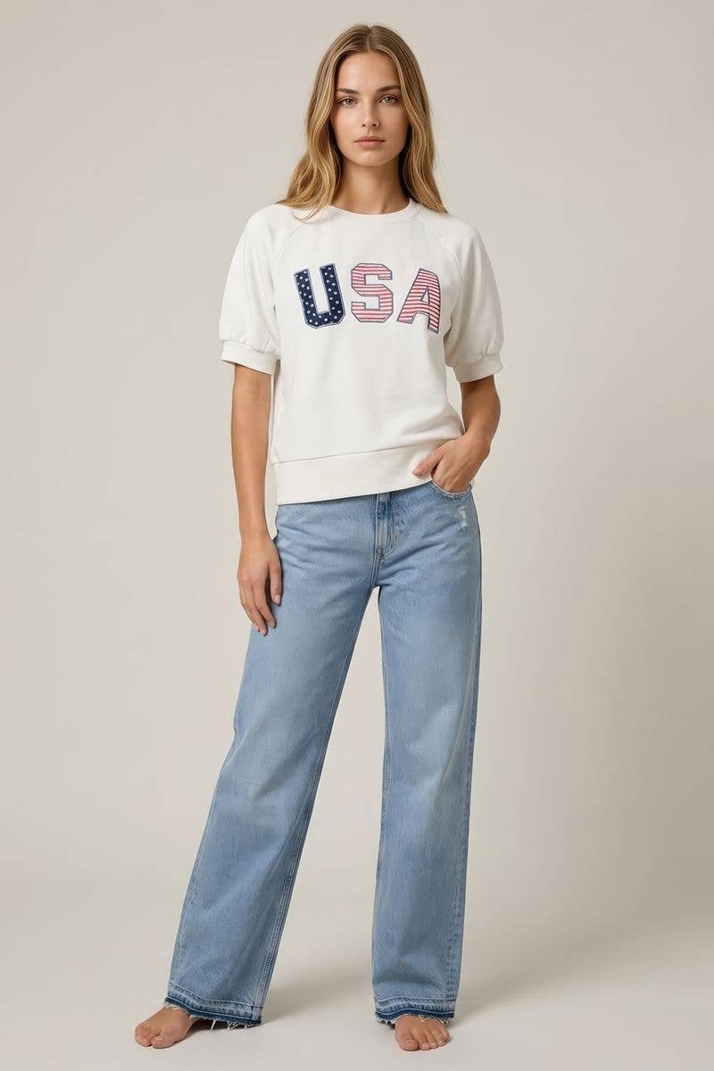 USA Embroidered Short Sleeve Sweatshirt