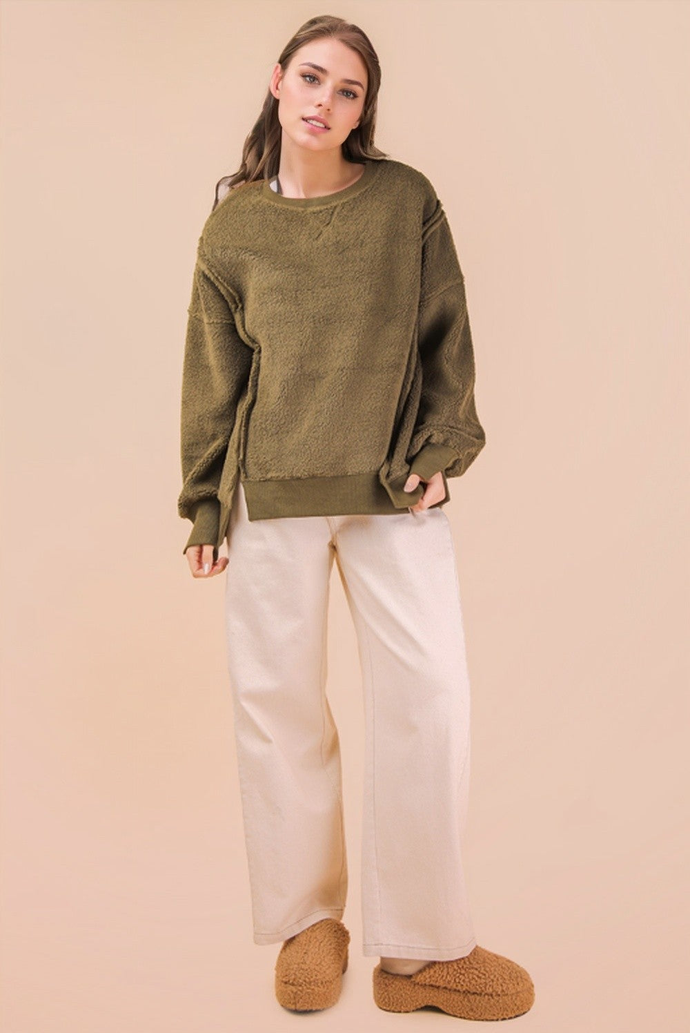 Oversized Casual Solid Fleece Top - Olive