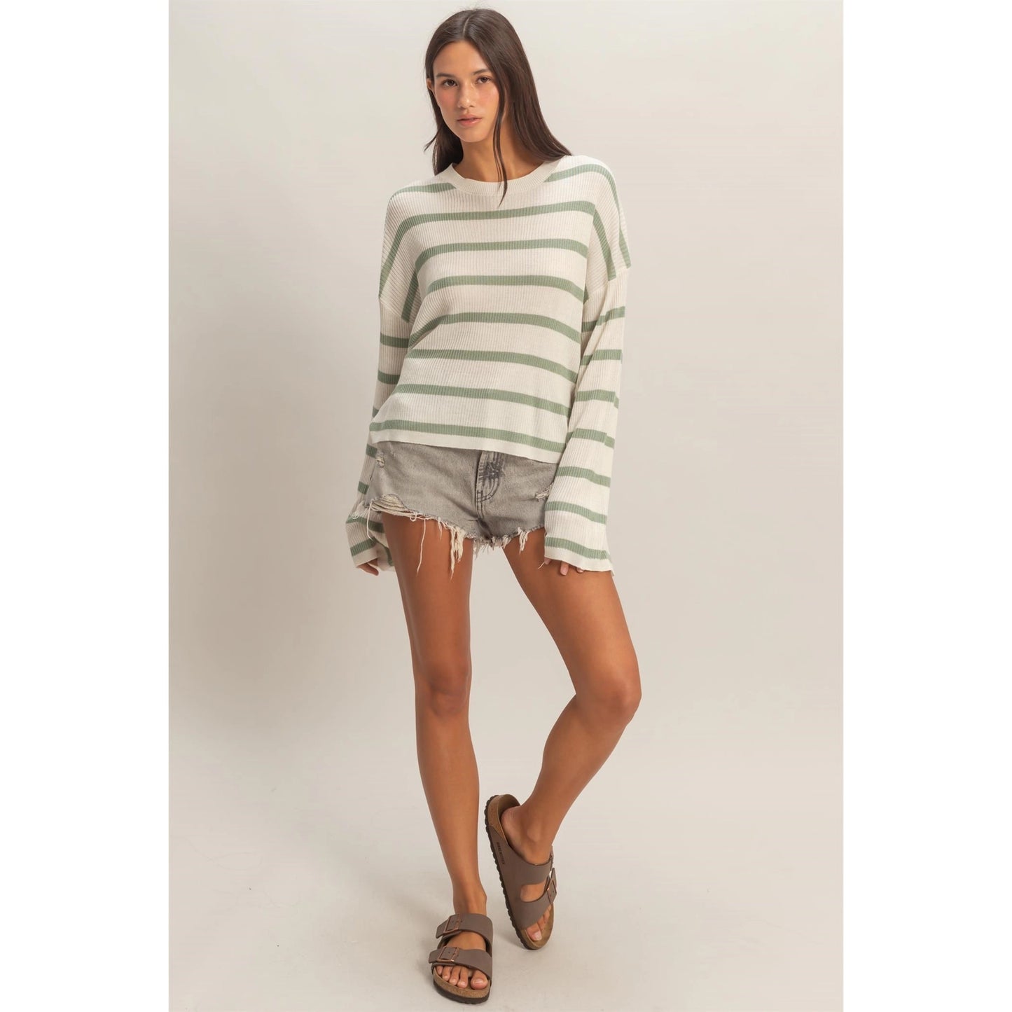 Lightweight Wide-Sleeve Striped Sweater - Sage Green