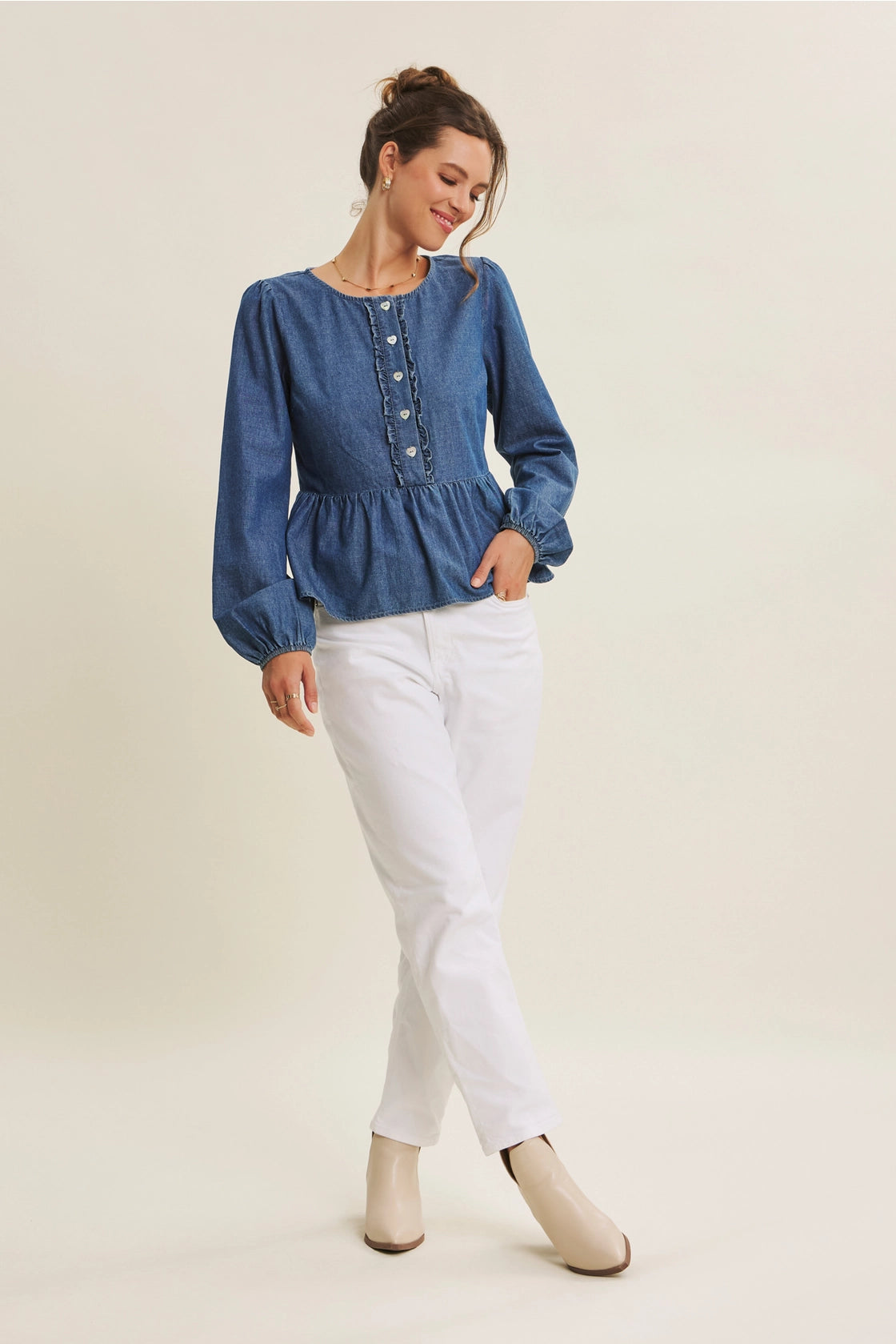 Romantic Twist Heart Buttons Denim Babydoll Top