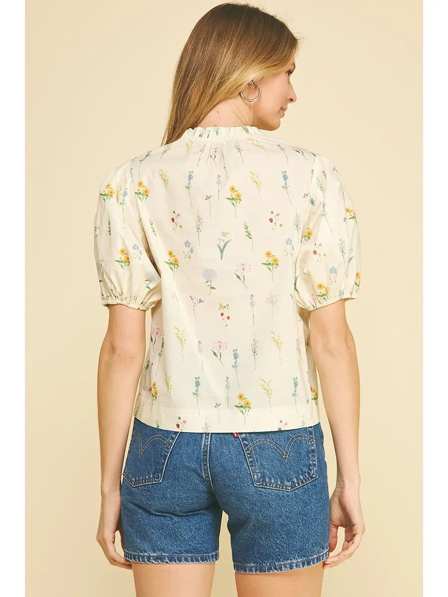 Cream Floral Balloon Sleeve Blouse Top