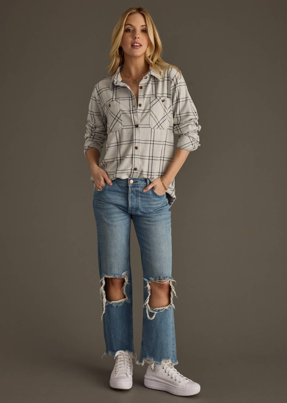 Light Gray & Black Plaid Button Up