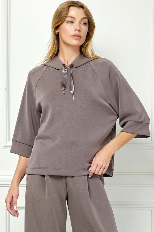 Soft Hooded Top With Satin Tie Detail - Mocha