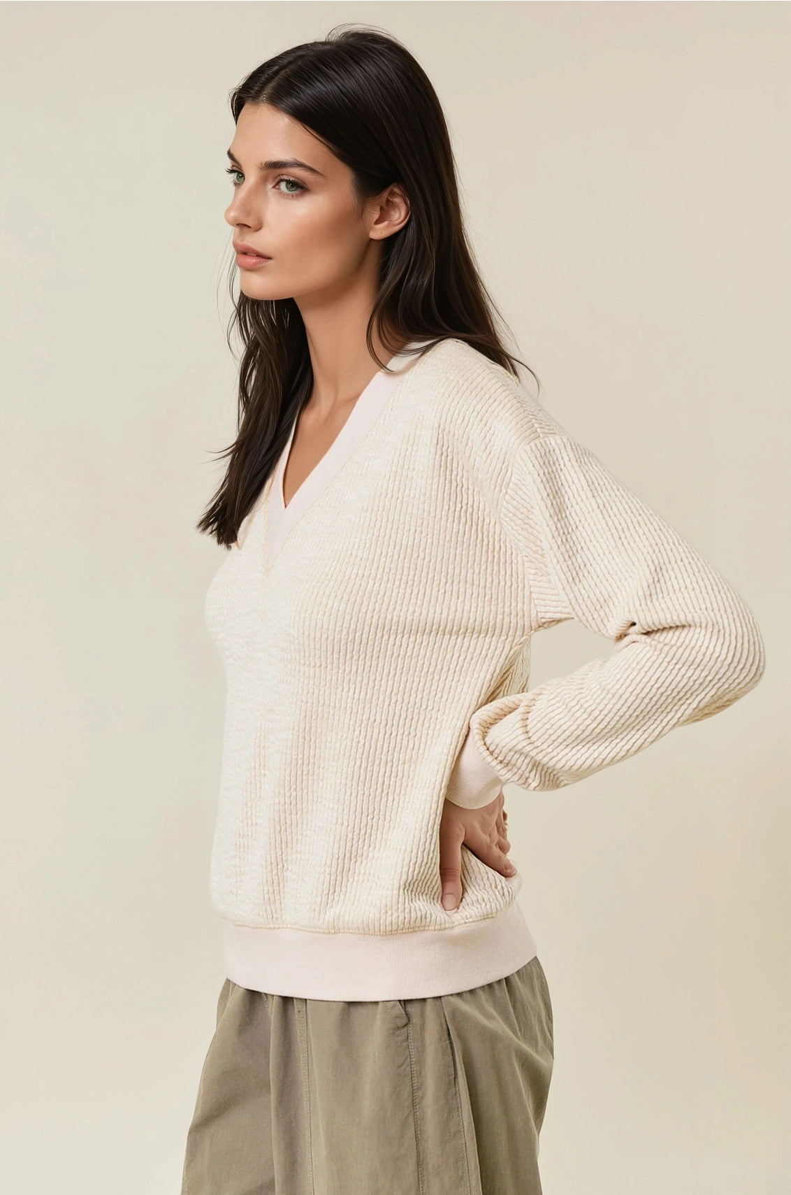 Oversized Vertical Stripe Two-Tone Ribbed Top - Light Beige