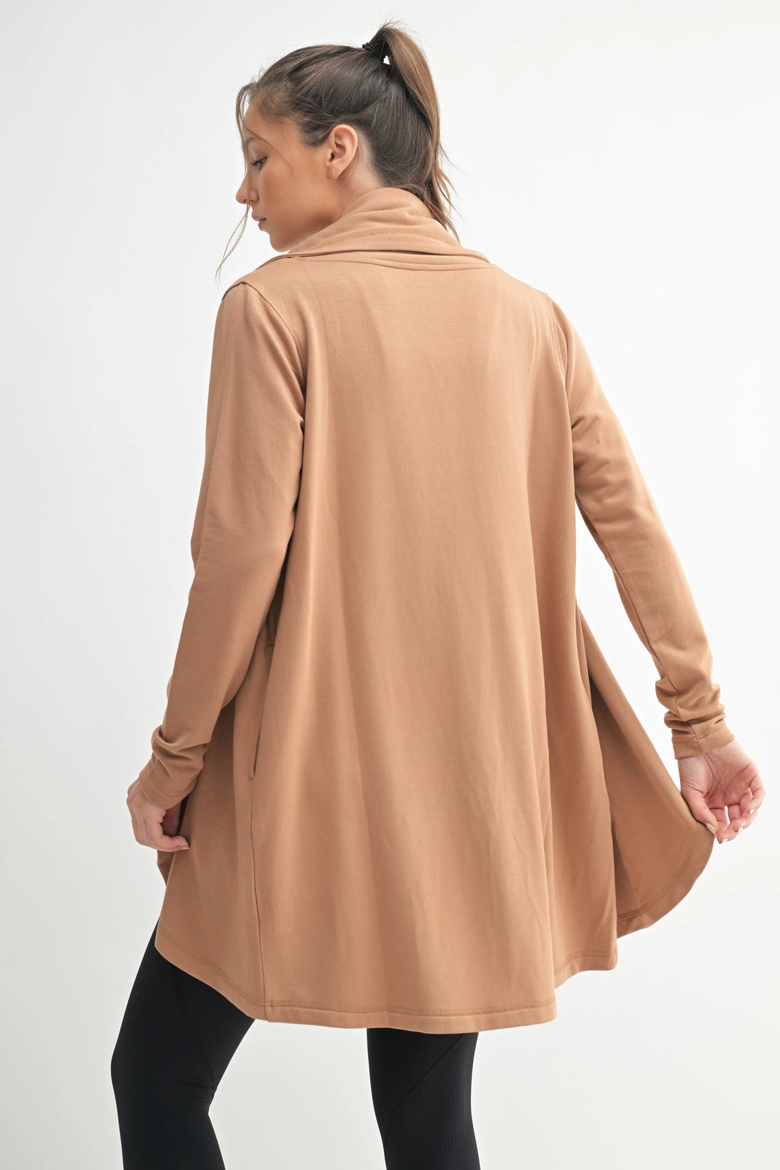 Fleece Lined Flowy Open Cardigan - Mocha