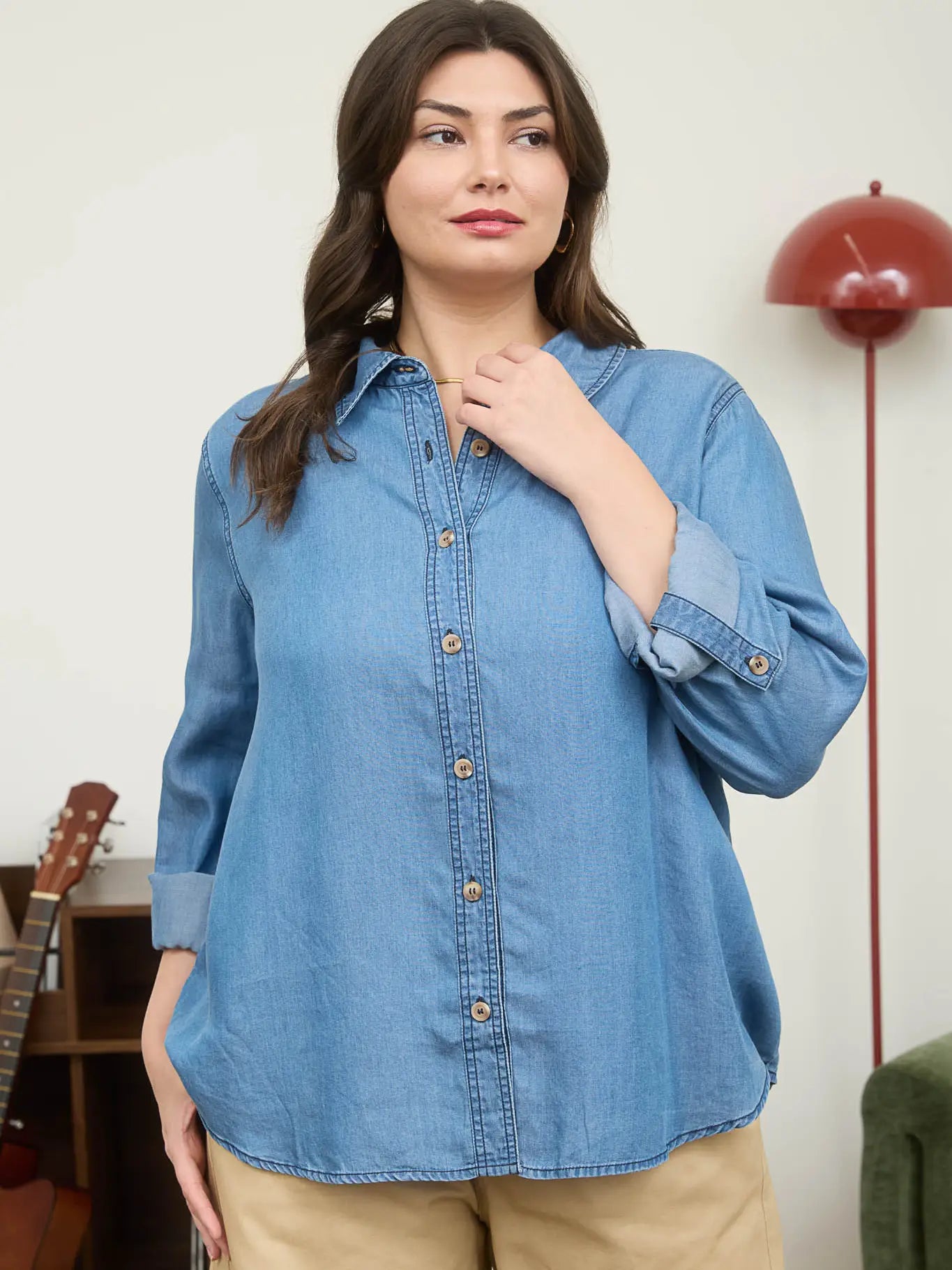 Chambray Collared 3/4 Tab Sleeve Button Down Shirt