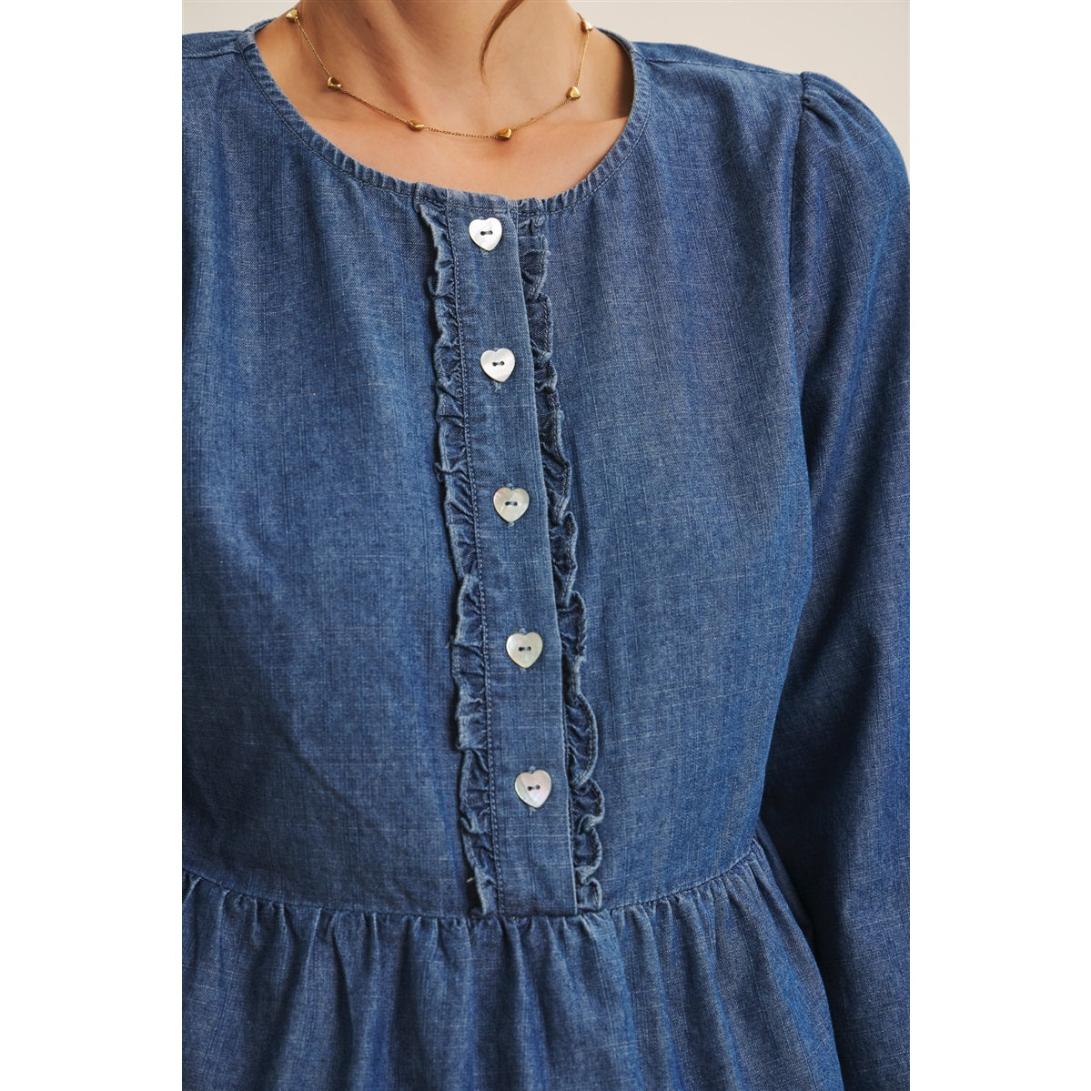 Romantic Twist Heart Buttons Denim Babydoll Top