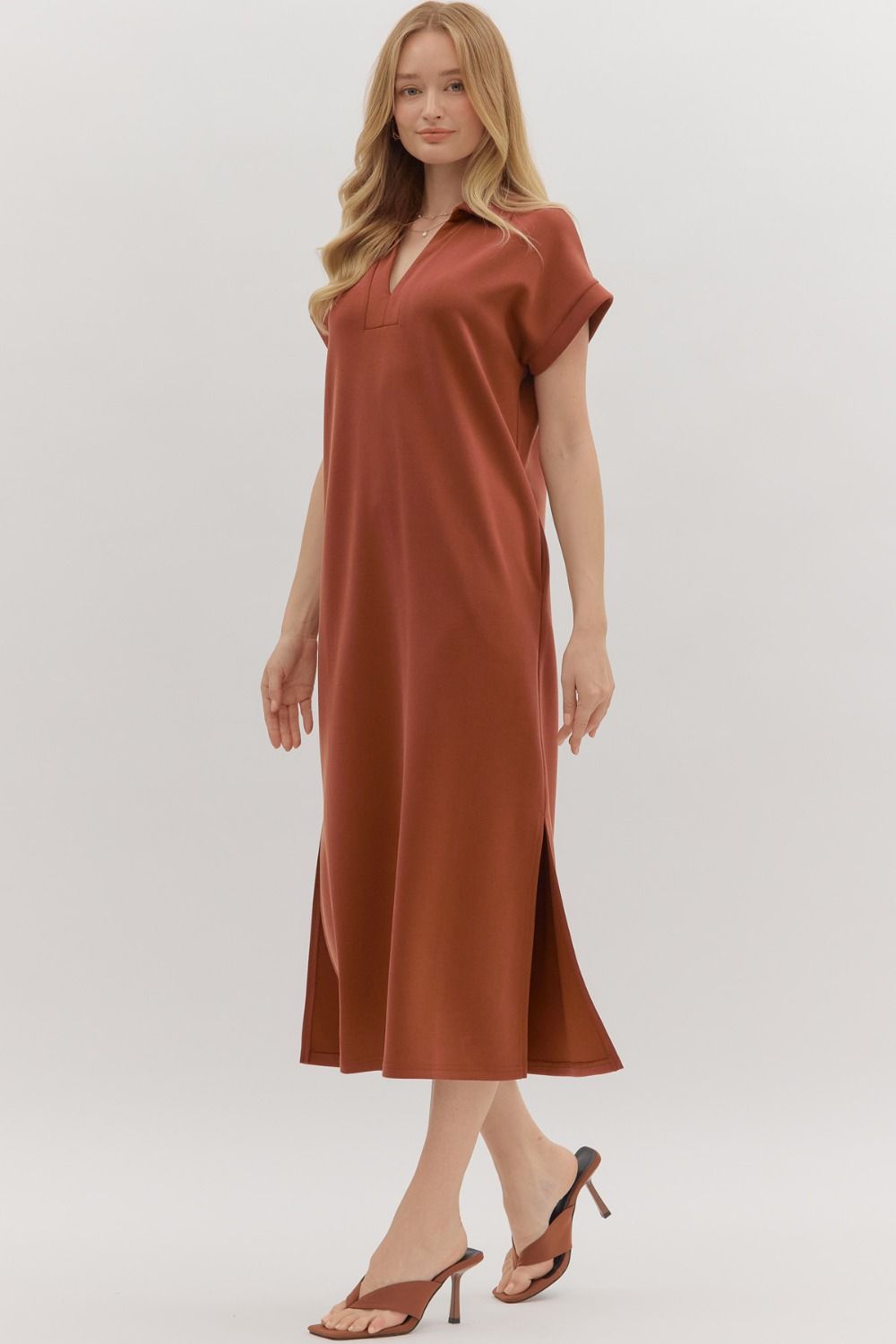Hannah Collared Short Sleeve Midi Dress - Clay