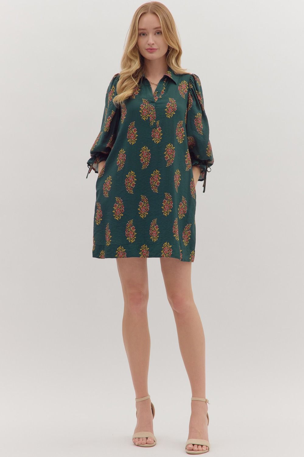 Floral Print Puff Sleeve Mini Dress - Hunter Green