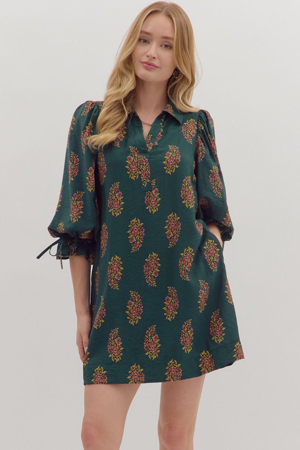 Floral Print Puff Sleeve Mini Dress - Hunter Green