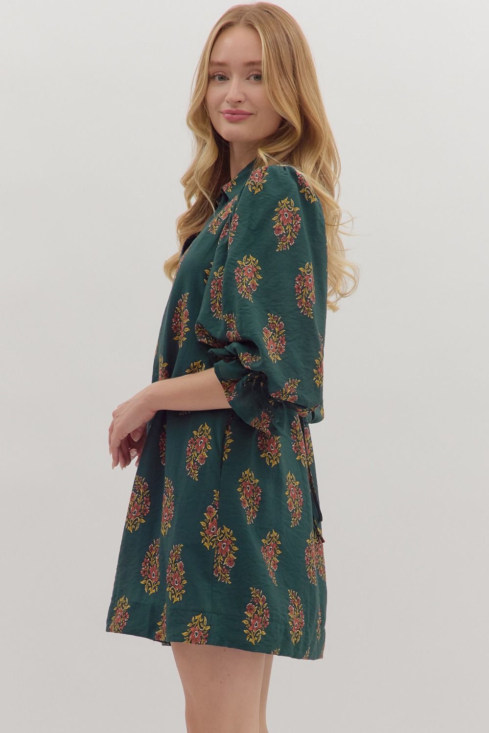 Floral Print Puff Sleeve Mini Dress - Hunter Green