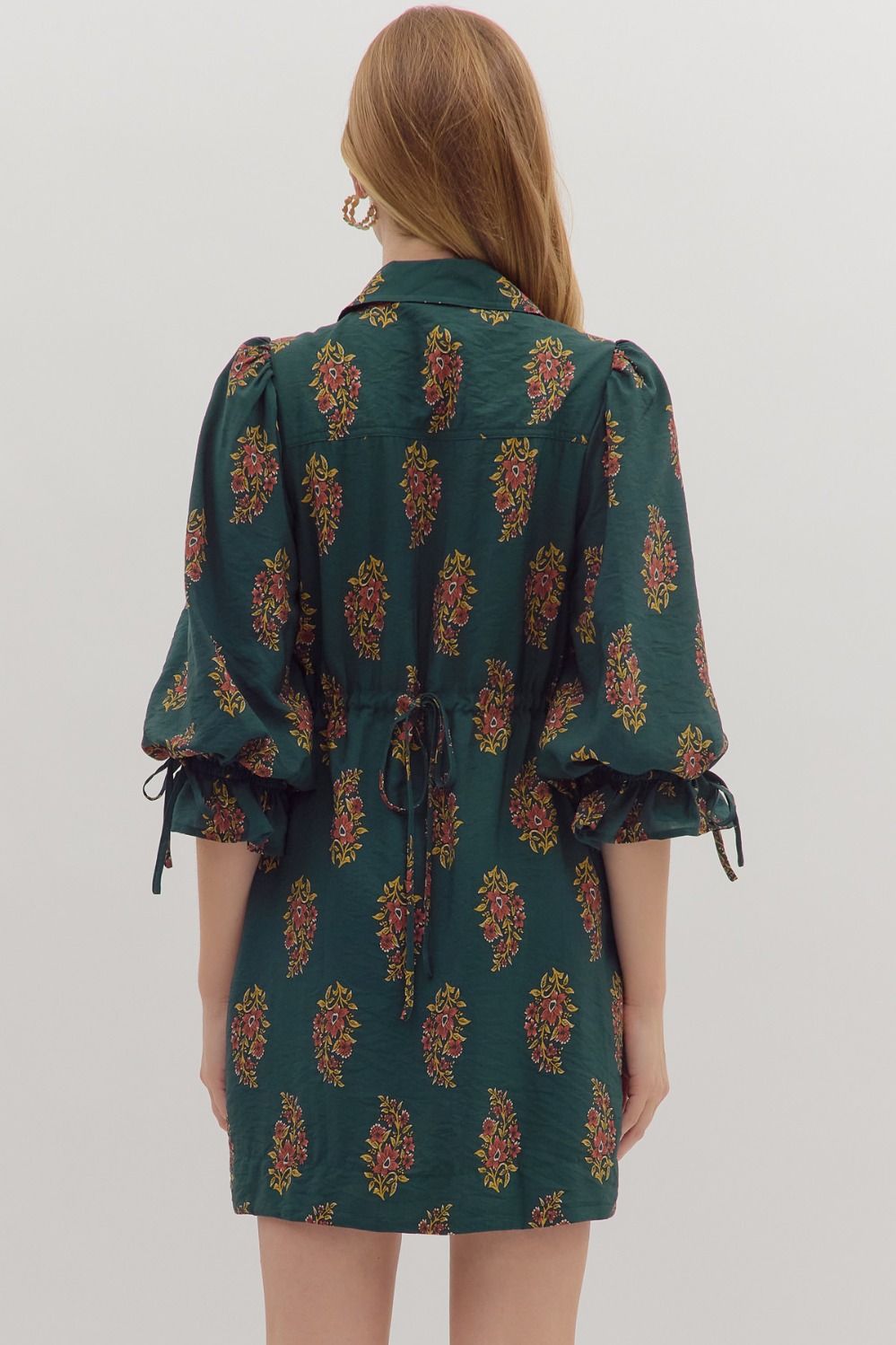 Floral Print Puff Sleeve Mini Dress - Hunter Green