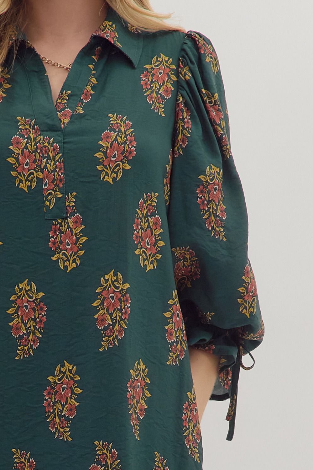 Floral Print Puff Sleeve Mini Dress - Hunter Green