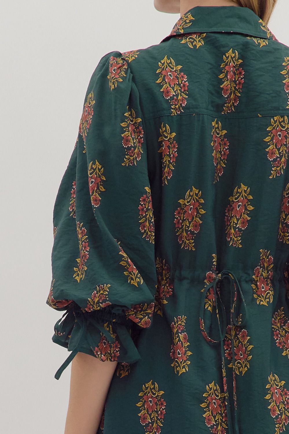 Floral Print Puff Sleeve Mini Dress - Hunter Green