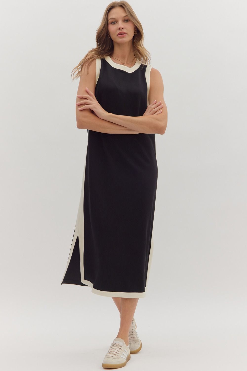 Contrast Binding Sleeveless Midi Dress - Black