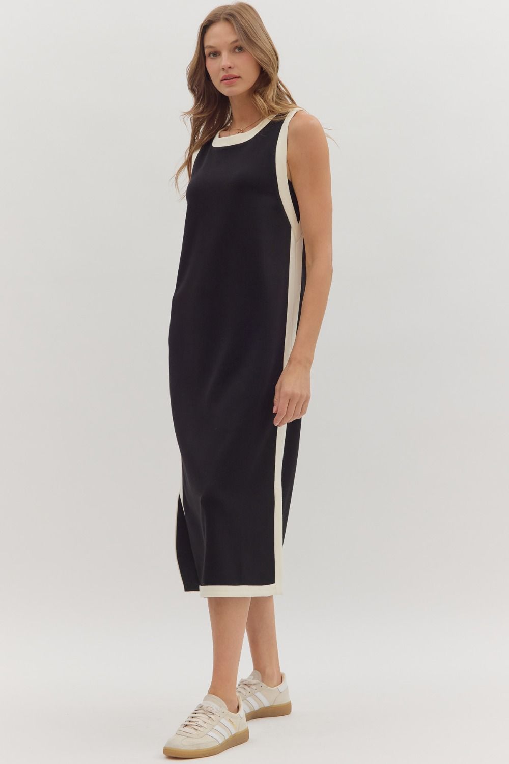 Contrast Binding Sleeveless Midi Dress - Black