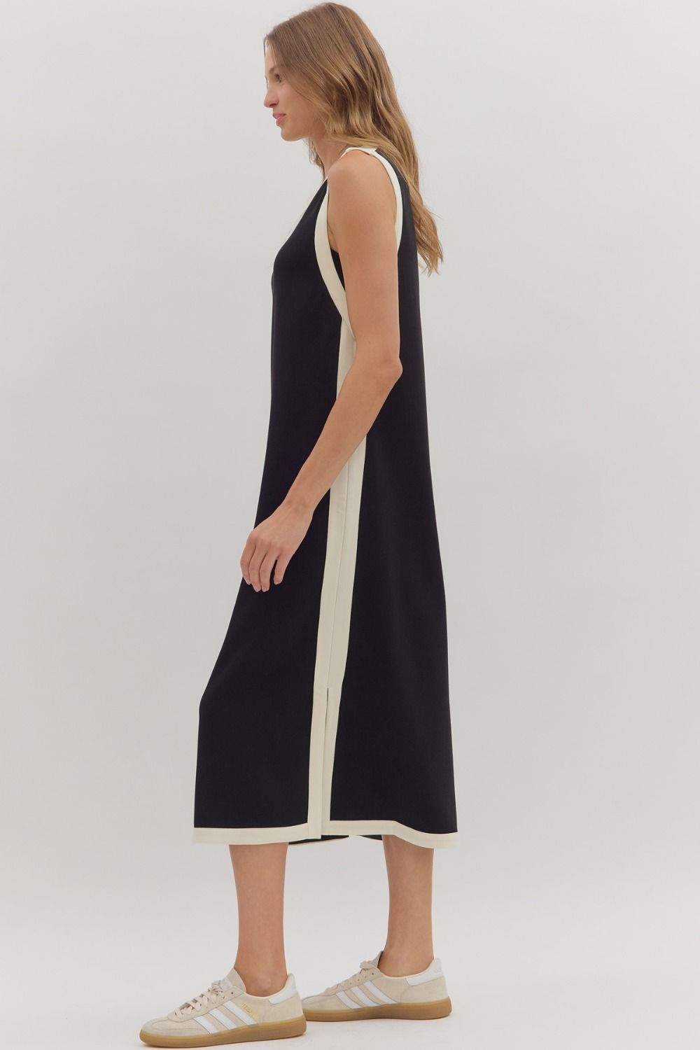 Contrast Binding Sleeveless Midi Dress - Black