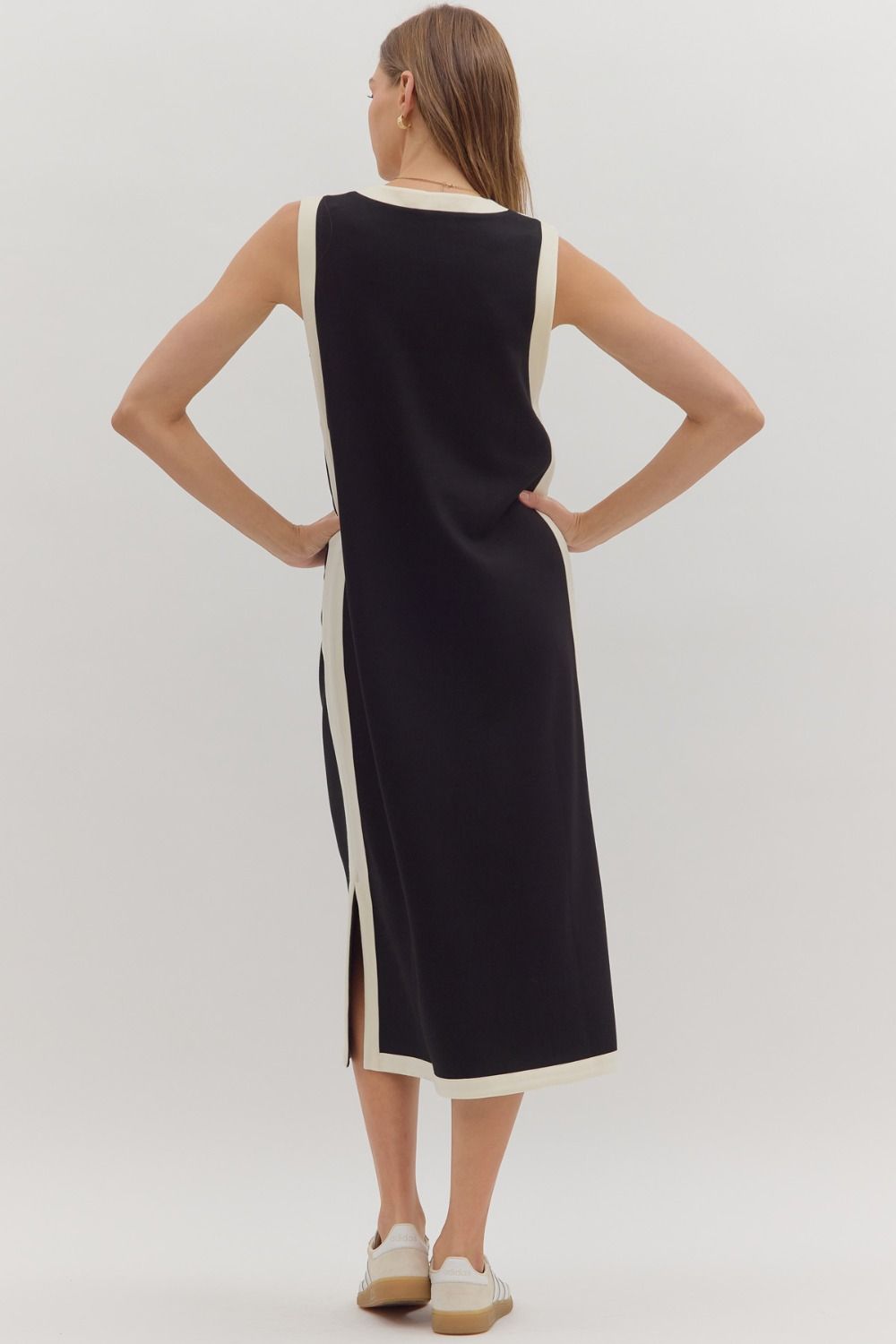 Contrast Binding Sleeveless Midi Dress - Black