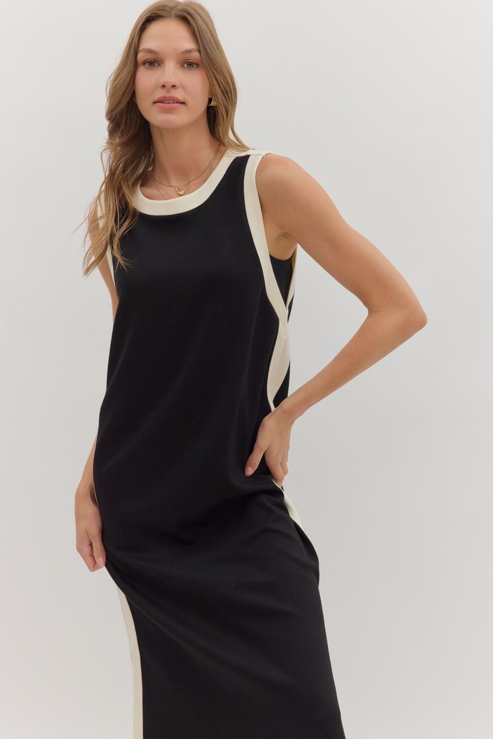 Contrast Binding Sleeveless Midi Dress - Black