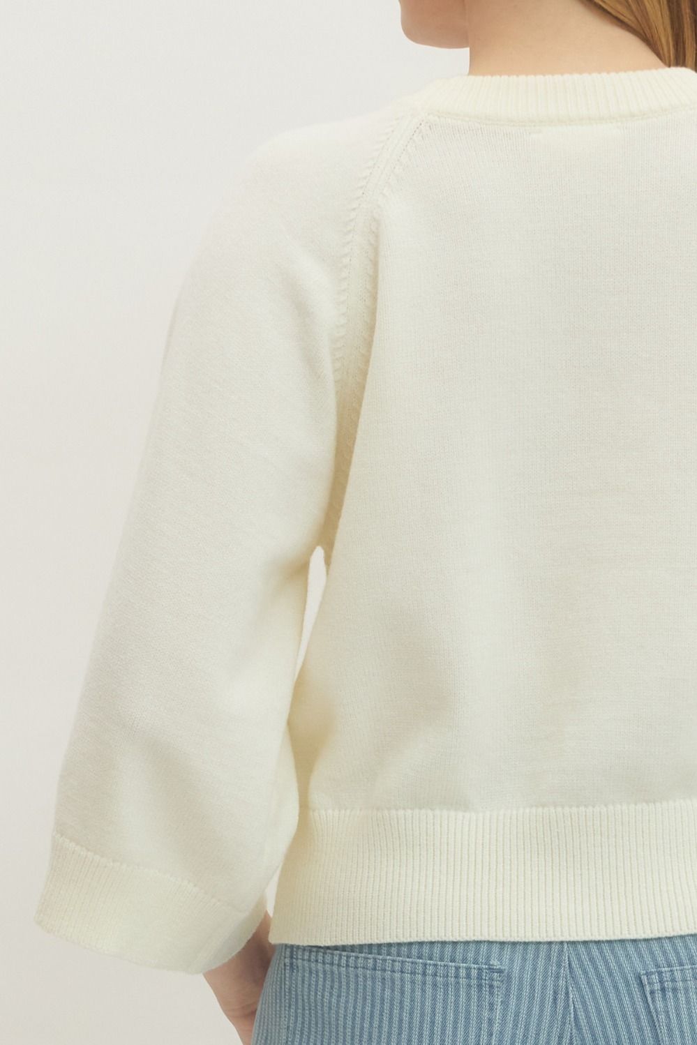 3/4 Sleeve Ribbed Neckline Sweater - Cream