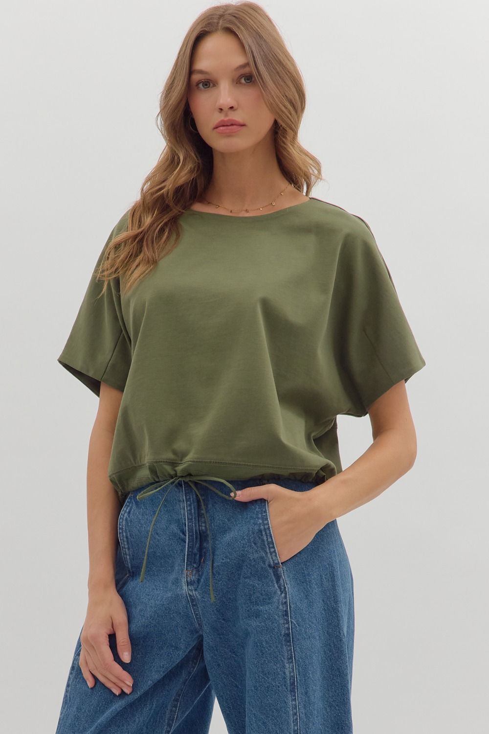 Adjustable Drawstring Short Sleeve - Olive
