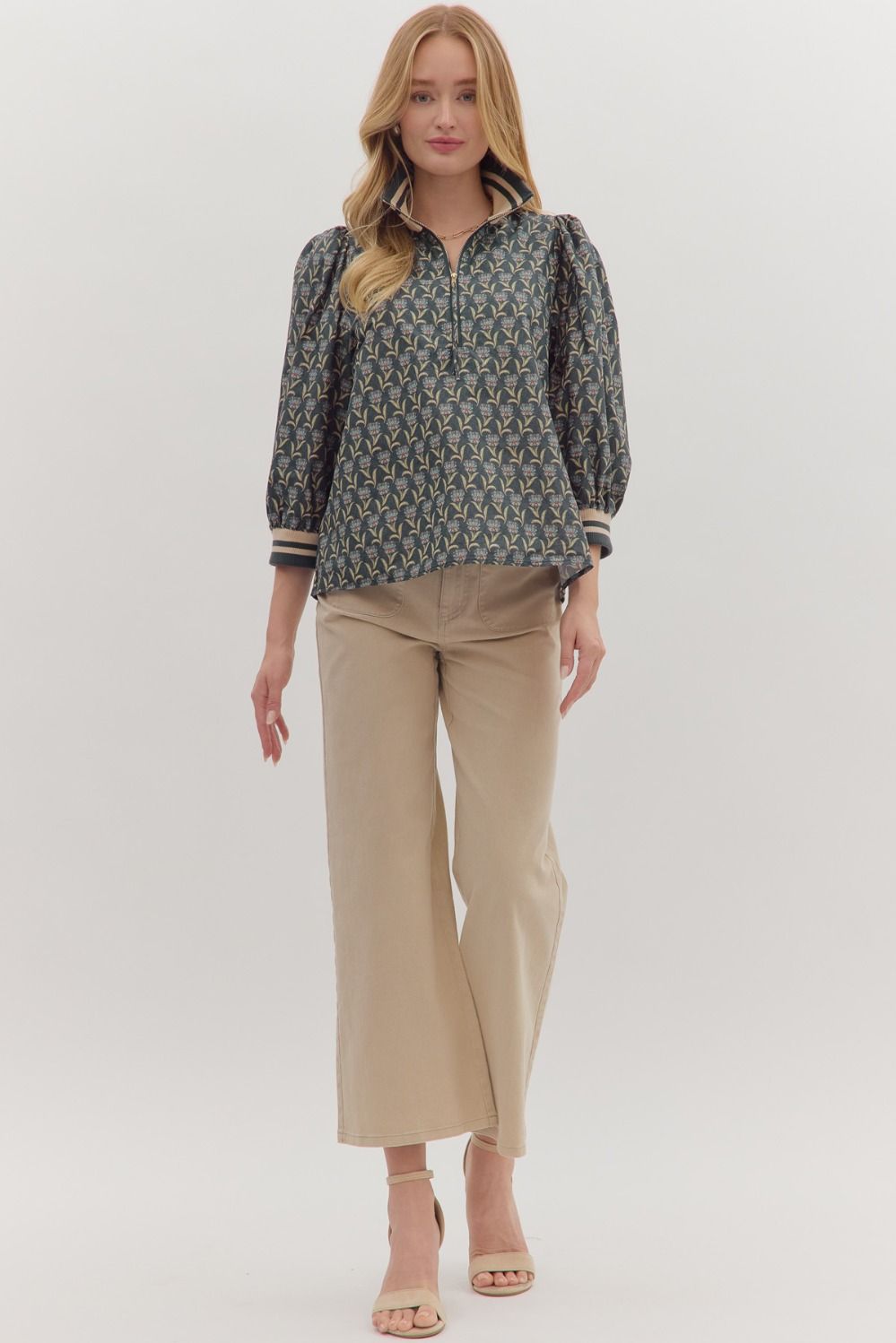 Midnight 3/4 Sleeve Half Zip Floral Top