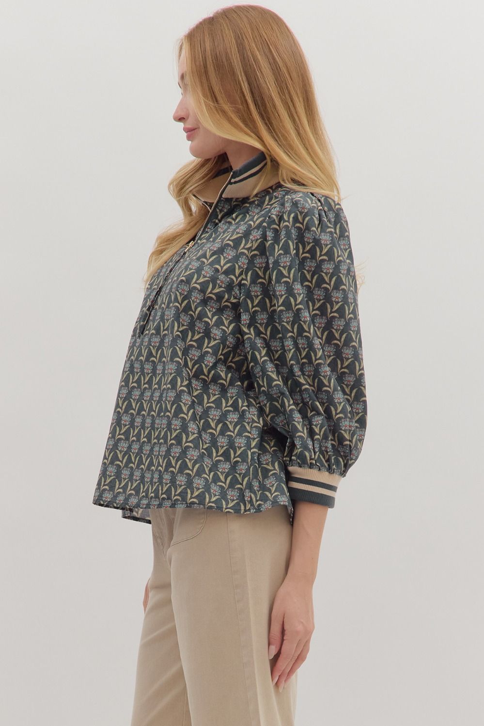 Midnight 3/4 Sleeve Half Zip Floral Top