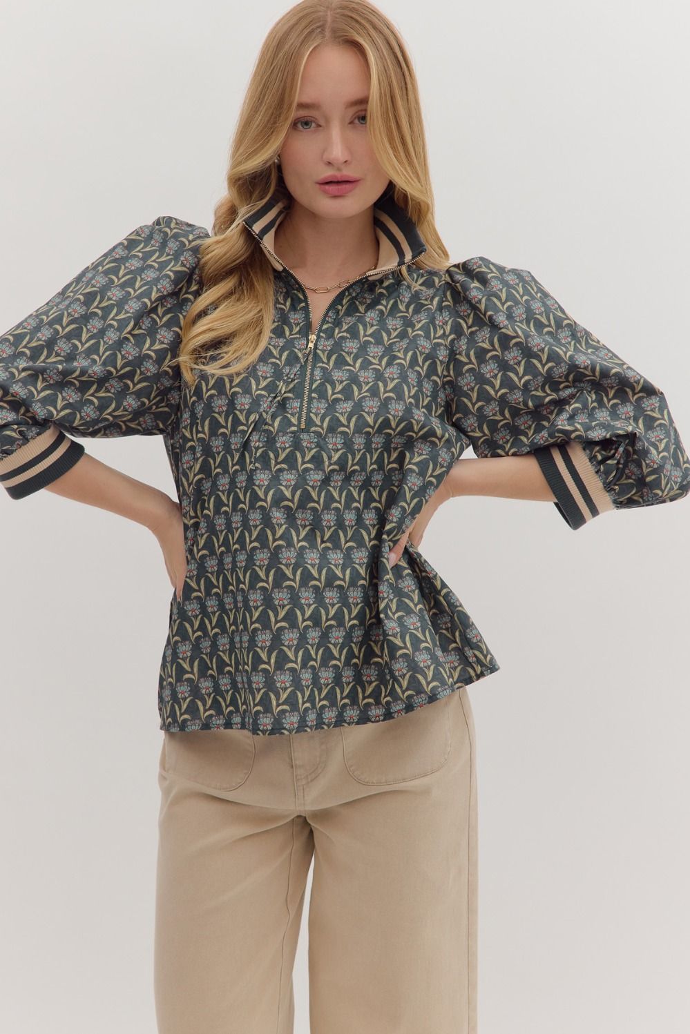 Midnight 3/4 Sleeve Half Zip Floral Top