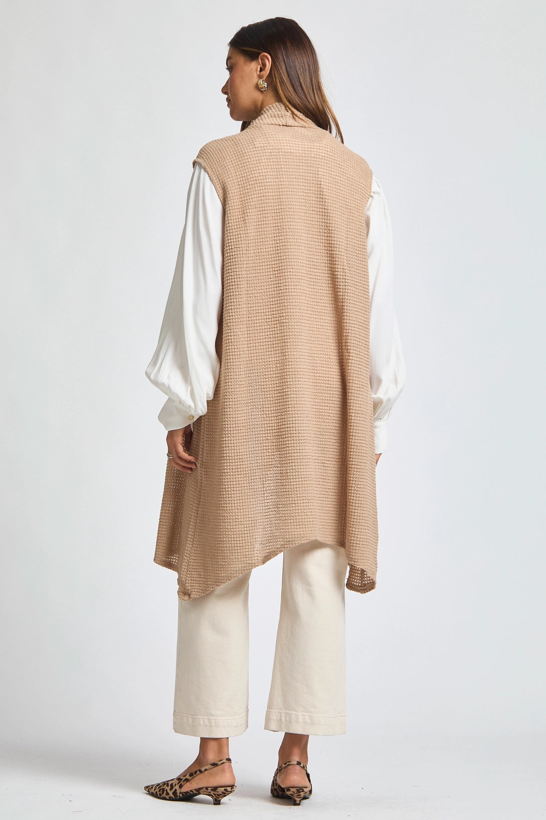Sleeveless Crochet Midi Vest Cardigan - Mocha