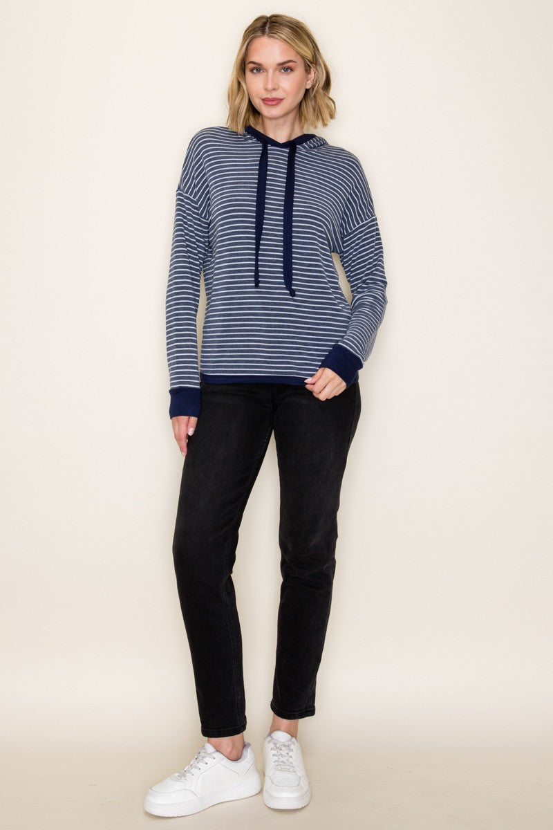 Striped French Terry Hoodie Top - Navy